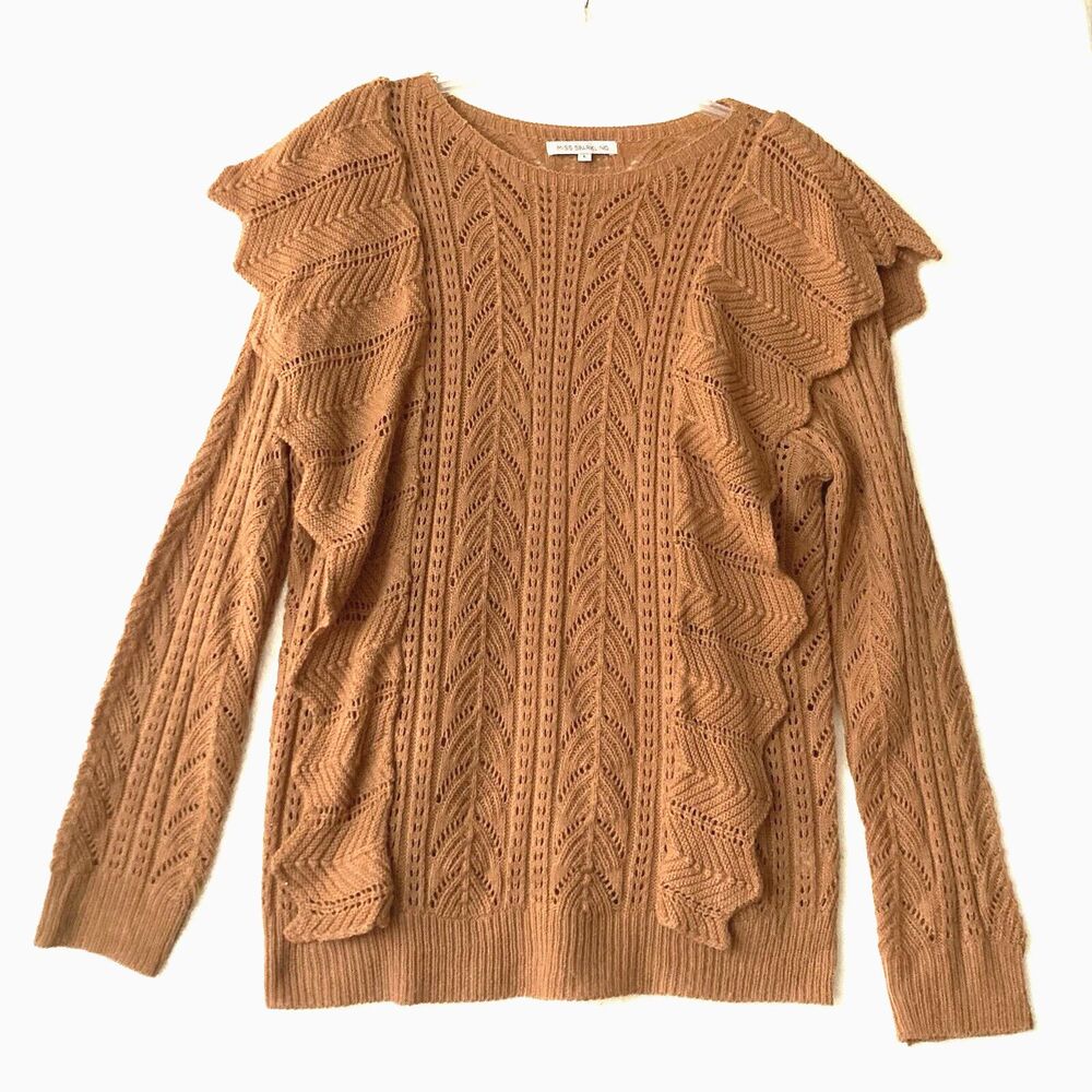 Miss Sparkling Ruffle Sweater Womens Large Pointelle Rust Color